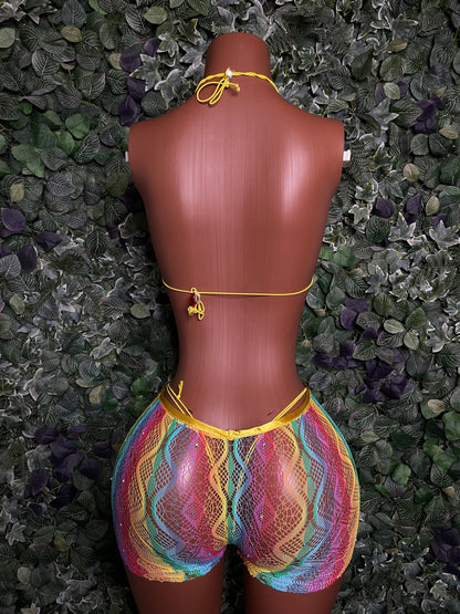 Yellow Rainbow fishnet short set