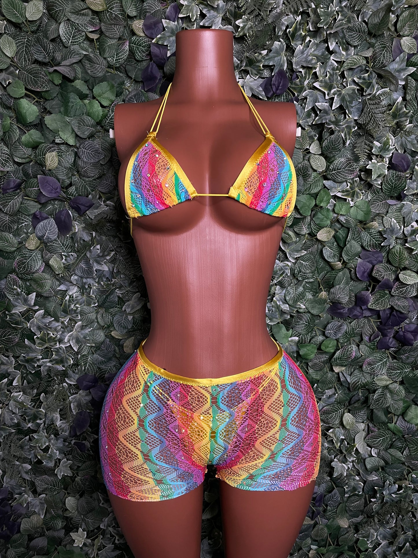 Yellow Rainbow fishnet short set