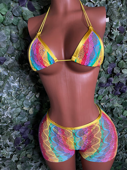 Yellow Rainbow fishnet short set