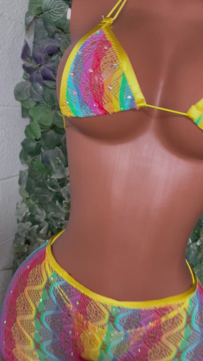 Yellow Rainbow fishnet short set